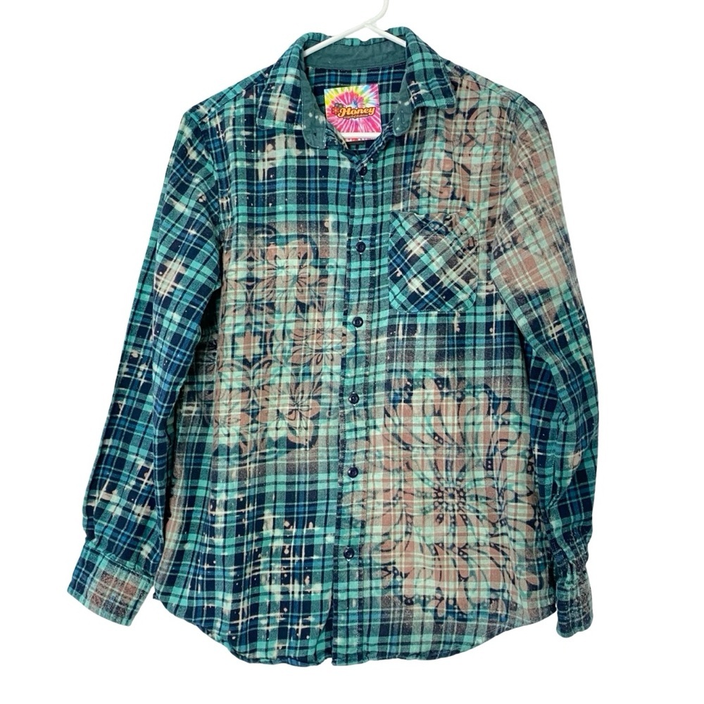 Handmade Floral Flannel Shirt Mens Size Medium Large Unisex Plaid Button Down